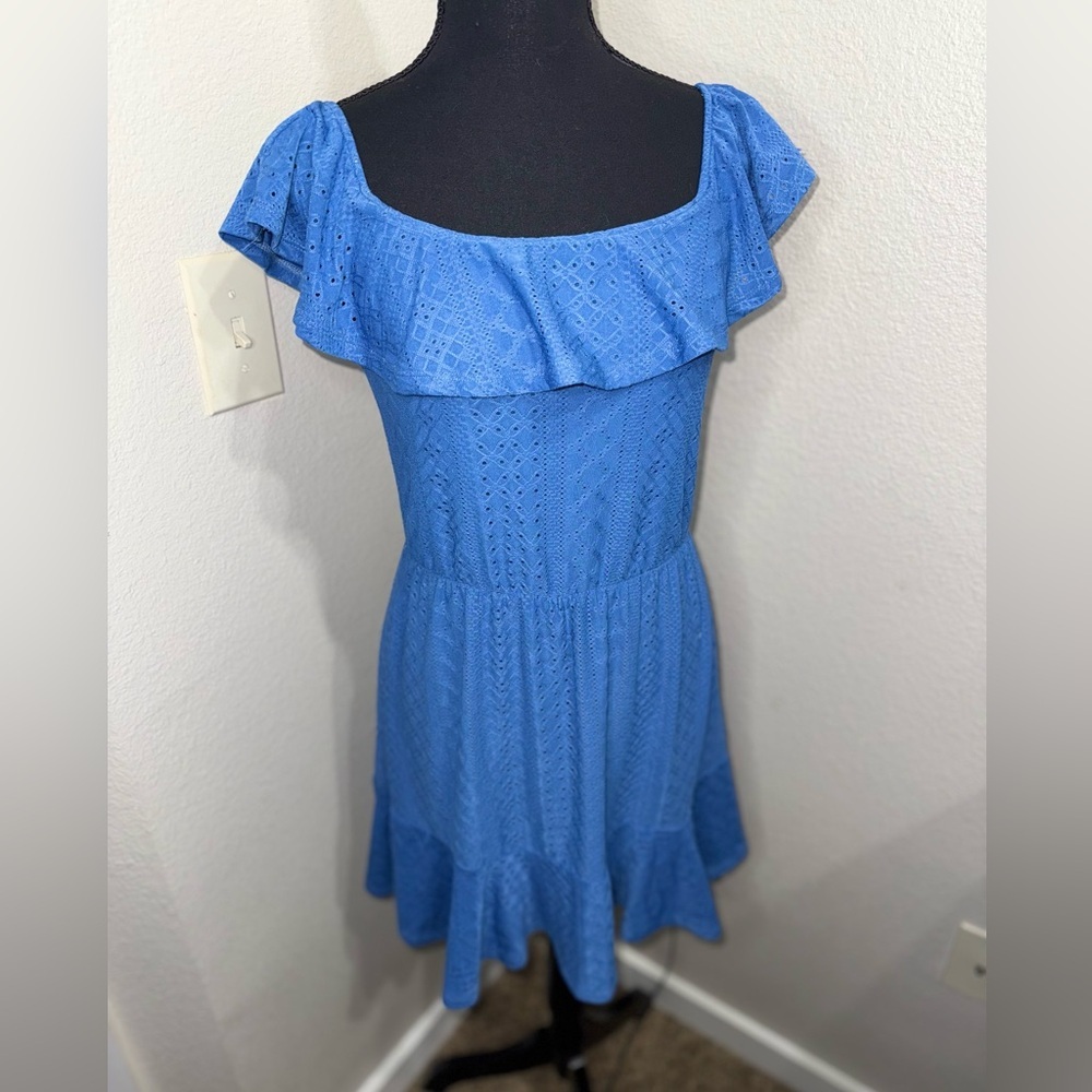 BCBGeneration Blue Eyelet Ruffle Mini Dress Cottagecore Coquette-‎ Medium - Picture 2 of 9
